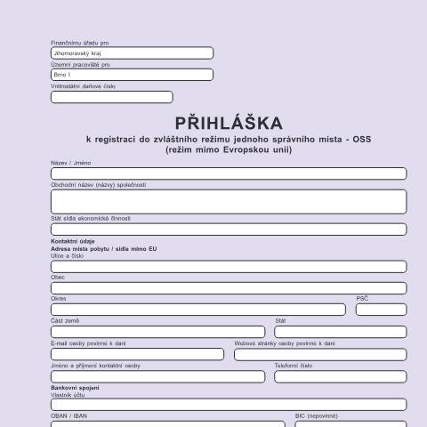 Document preview: Přihláška k registraci do zvláštního režimu jednoho správního místa (režim mimo Evropskou unii) — Daň z přidané hodnoty — Registrace, Česko (CERFA n°25 5131)