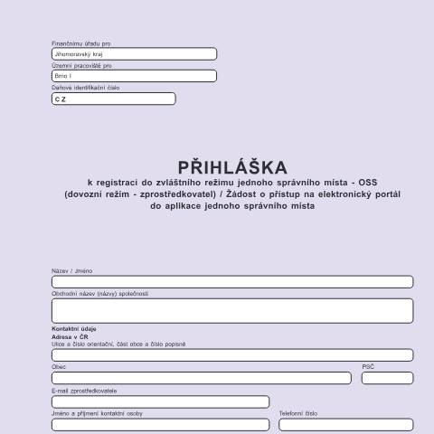 Document preview: Přihláška k registraci do zvláštního režimu jednoho správního místa - OSS (dovozní režim - zprostředkovatel) / Žádost o přístup na elektronický portál do aplikace jednoho správního místa — Daň z přidané hodnoty — Registrace, Česko (CERFA n°25 5134)