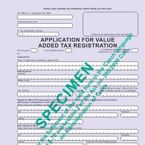 Document preview: Přihláška k registraci k dani z přidané hodnoty - anglická verze — Daň z přidané hodnoty — Registrace, Česko (CERFA n°25 5104/A)