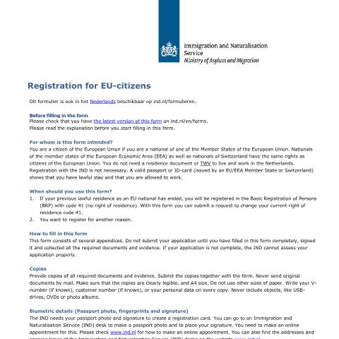 Documentvoorvertoning: Registration for citizens of the Union — IND — immigratie, Nederland (CERFA n°6021)