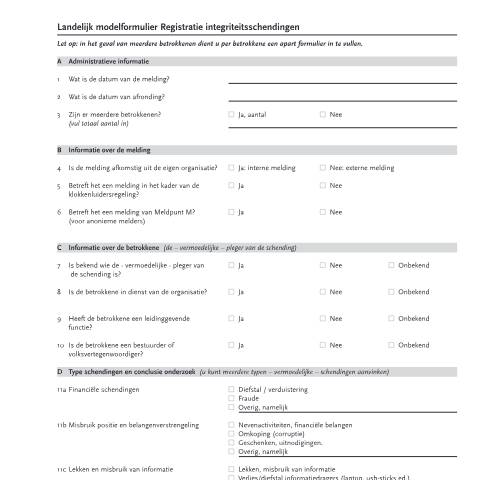 Documentvoorvertoning: Modelformulier registratie integriteitschendingen — Overig, Nederland