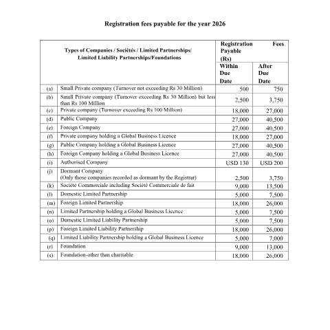 Document preview: Registration fees payable for the year 2026 — Document, Mauritius (CERFA n°Registration-fees-payable-for-the-year-2026)