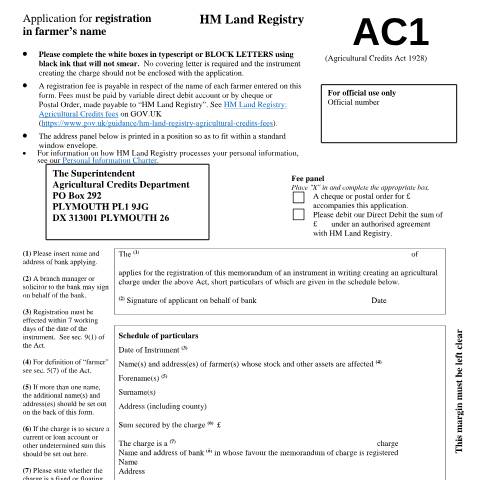 Document preview: Registration in farmer's name: application (AC1) — HM Land Registry, United Kingdom
