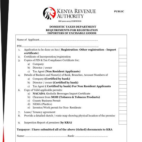 Document preview: Registration of Excise Importers — Document, Kenya (CERFA n°Requirements-for-Registration--Importers-of-Excisable-goods)