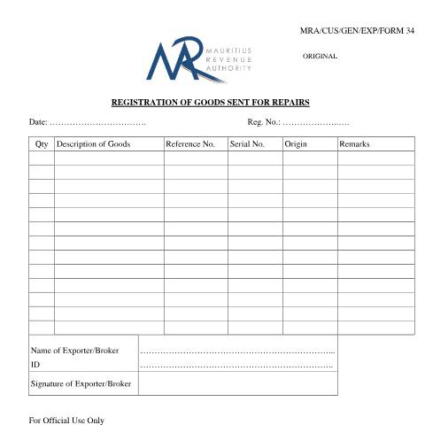Document preview: Registration of goods sent for repairs — Document, Mauritius (CERFA n°MRA-CUS-GEN-EXP-FORM34)