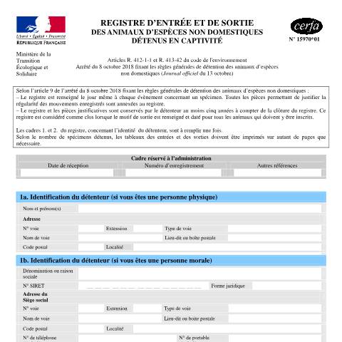 Aperçu du document Registre d'entrée et de sortie des animaux d'espèces non domestiques détenus en captivité — Professionnels, France (CERFA n°15970*01)