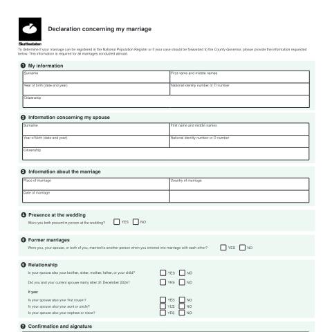 Document preview: Declaration concerning my marriage — Skatteetaten / Forms, Norge (CERFA n°RF-1569)