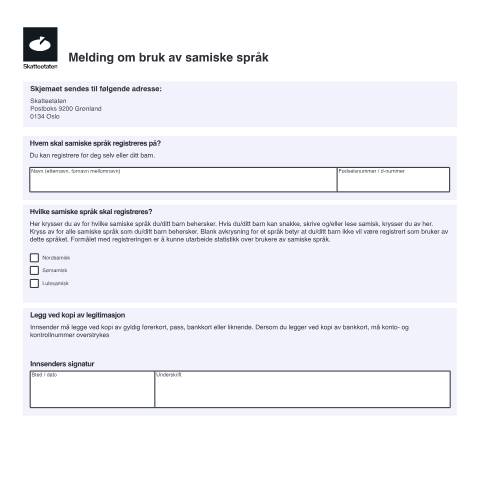 Document preview: Registrer samisk språk i Folkeregisteret — Skatteetaten / Forms, Norge (CERFA n°RF-1513)