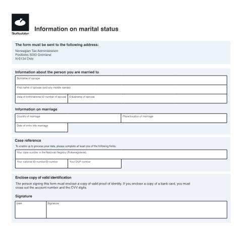 Document preview: Registering marital status when you have a residence permit from the Norwegian Directorate of Immigration (UDI) — Skatteetaten / Forms, Norge