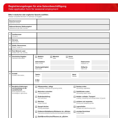 Dokumentvorschau: registrierungsbogen-fuer-eine-saisonbeschaeftigung_ba035570 — Öffnet in neuem Tab Data application form for seasonal employment Registrierungsbogen für eine Saisonbeschäftigung (englisch/deutsch) pdf | 442.49 KB | barrierefrei — Familienkasse/registrierungsbogen, Deutschland (CERFA n°registrierungsbogen-fuer-eine-saisonbeschaeftigung_ba035570)