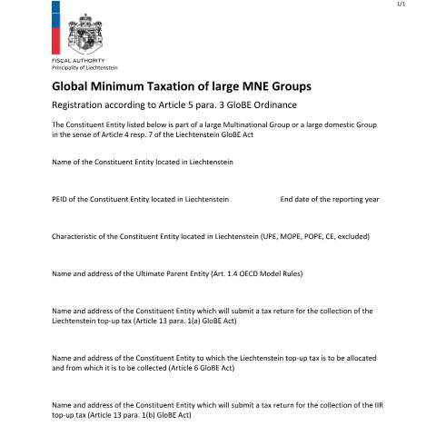 Dokumentvorschau: Registrierungsformular für Veranlagung der liechtensteinischen und IIR-Ergänzungssteuer (nur auf Englisch verfügbar) — Mindestbesteuerung Globe, Liechtenstein (CERFA n°int_globe_registration_form)