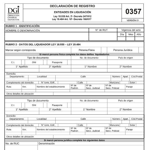 Vista previa del documento Formulario 0357 -Información Registro Accionistas Ley 18.930, Decreto 247/12 — DGI - Formularios, Uruguay (CERFA n°0357)