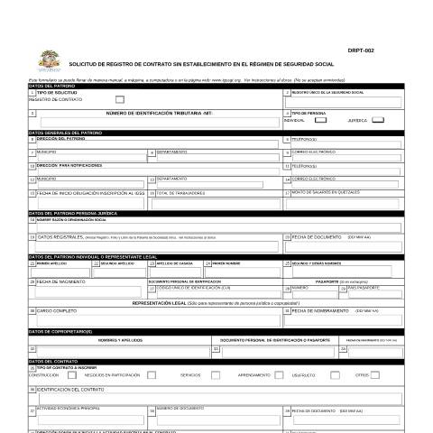 Vista previa del documento Formulario DRPT 002 IGSS Solicitud de Registro de Contrato Rev 2023 — IGSS - Formularios, Guatemala (CERFA n°DRPT-002)