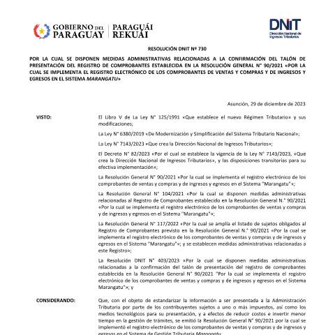 Vista previa del documento 29 12 Resol DNIT N° 730 23 RG 90 — Registro De Comprobantes, Paraguay