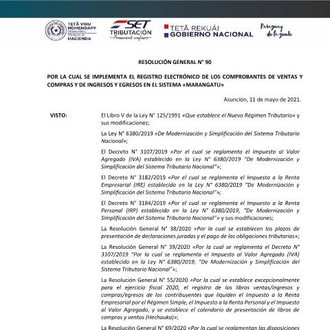 Vista previa del documento RG N° 90 Registro de comprobantes de ingresos, ventas, egresos y compras 07 05 2021 — Iva, Paraguay