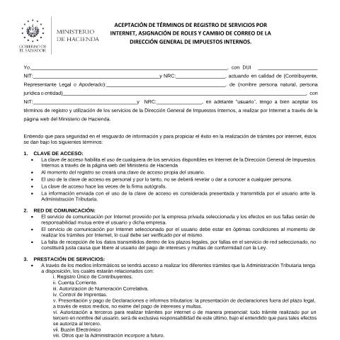 Vista previa del documento Aceptación de términos de registro de servicios por internet, asignación de roles y cambio de correo de la Dirección General de Impuestos Internos — Formulario tributario, El Salvador (CERFA n°PMHDC8209)