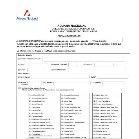 Vista previa del documento Formulario de Registro de Usuarios OCE — Formularios Aduana Nacional, Bolivia (CERFA n°FORM-USUARIOS-001)