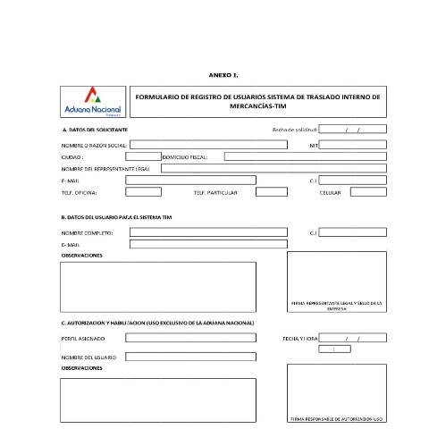 Vista previa del documento Formulario de Registro de usuarios Sistema de Traslado Interno de Mercancías -TIM — Formularios Aduana Nacional, Bolivia