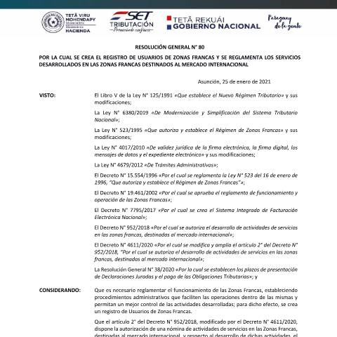 Vista previa del documento RG 80 Zona Franca version final — Usuarios De Zonas Francas, Paraguay