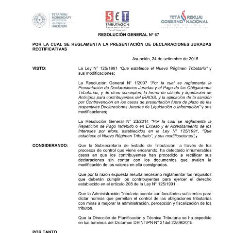 Vista previa del documento Resolución General Nº 67 15 — Declaraciones Juradas1, Paraguay