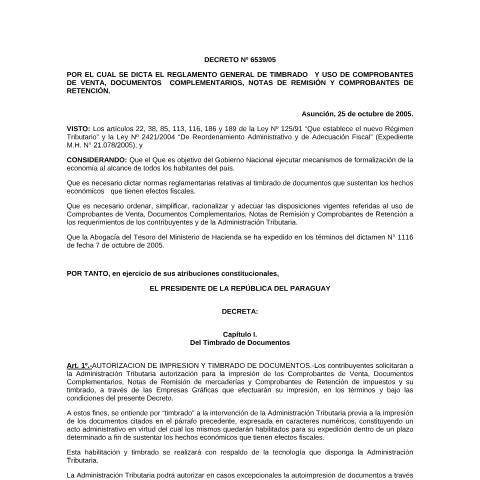 Vista previa del documento Decreto Nº 6.539 05 — Facturacion Y Timbrado, Paraguay