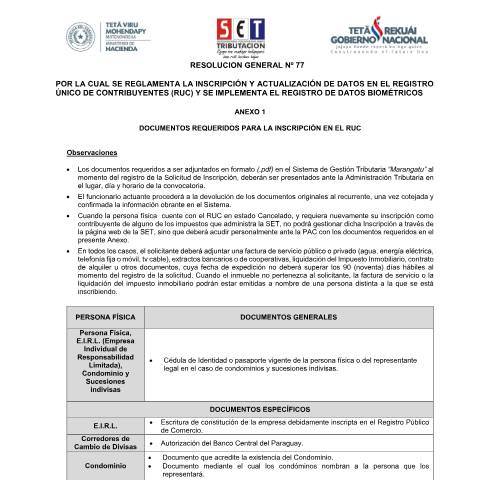 Vista previa del documento Resolución General N° 077 16 Anexo 1 — Registro Único De Contribuyentes Ruc, Paraguay