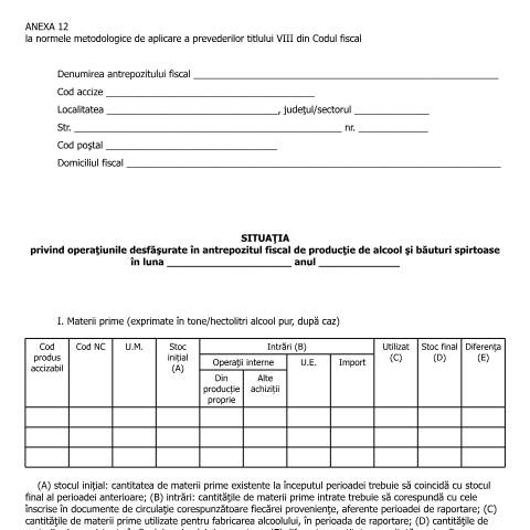 Document preview: Anexa 12 la normele metodologice de aplicare a prevederilor titlului VIII din Codul fiscal - Situația privind operațiunile desfășurate în antrepozitul fiscal de producție de alcool și băuturi spirtoase - (HG 1/2016) — Alte documente, România (CERFA n°A12_NMT8CF)