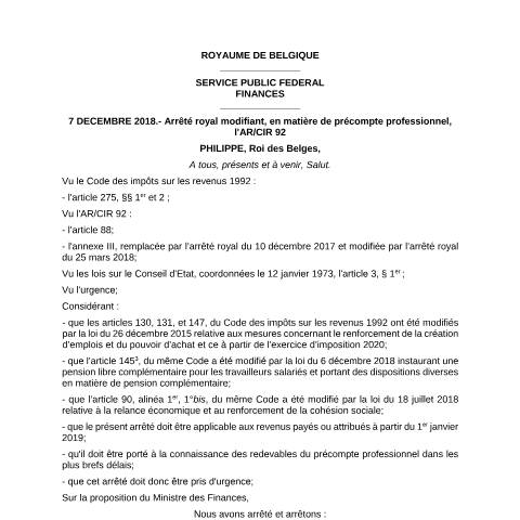 Aperçu du document Règles 1er janvier 2019 (AR 7 décembre 2018) (PDF, 292.42 Ko) — SPF Finances, Belgique (CERFA n°700-regles-20190101)