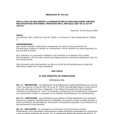 Vista previa del documento Resolución N° 121 04 — Declaraciones Juradas1, Paraguay