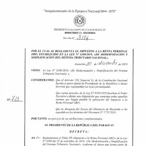 Vista previa del documento Decreto N° 3184-19 — Irp, Paraguay