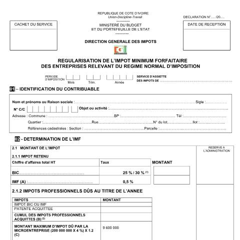 Aperçu du document REGULARISATION DE L IMPOT MINIMUM FORFAITAIRE DES ENTREPRISES RELEVANT DU RNI — Imprimé / Formulaire fiscal, Côte d'Ivoire