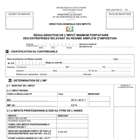 Aperçu du document REGULARISATION DE L IMPOT MINIMUM FORFAITAIRE DES ENTREPRISES RELEVANT DU RSI — Imprimé / Formulaire fiscal, Côte d'Ivoire