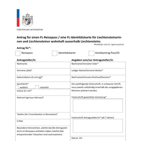 Dokumentvorschau: Formular Antragsstellung im Ausland — Ausländer-/Passamt — Reisepass, Liechtenstein (CERFA n°passantrag_ausland)