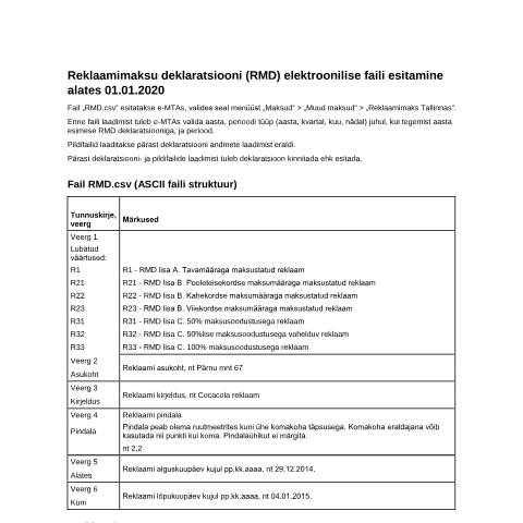 Document preview: Reklaamimaksu deklaratsiooni elektroonilise faili struktuur — maksud-ja-tasumine, Eesti (CERFA n°REKLAAMIMAKSU DEKLARATSIOONI ELEKTROONILISE FAILI)