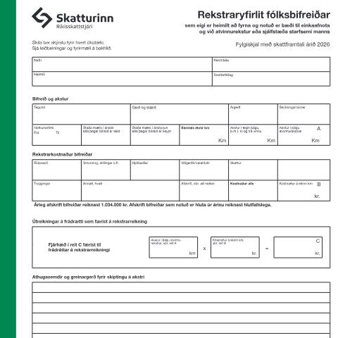 Document preview: Rekstraryfirlit fólksbifreiðar, fylgiskjal með skattframtali árið 2026. — Einstaklingar, Ísland (CERFA n°RSK 4.03)