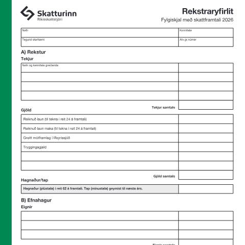 Document preview: Rekstraryfirlit, fylgiskjal með skattframtali 2026. — Einstaklingar, Ísland (CERFA n°RSK 4.10)