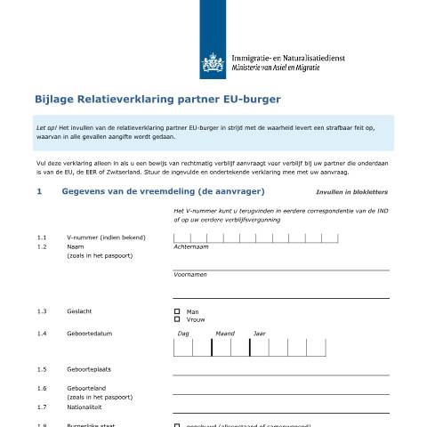 Documentvoorvertoning: Bijlage Relatieverklaring partner EU-burger — IND — immigratie, Nederland (CERFA n°7160)