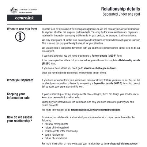 Document preview: Relationship details - Separated under one roof — Services Australia — Individuals (by code), Australia (CERFA n°SS293)
