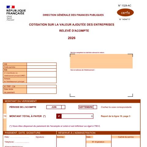 Aperçu du document Relevé d'acompte CVAE - formulaire n°1329-AC-SD — Professionnels, France (CERFA n°14044)