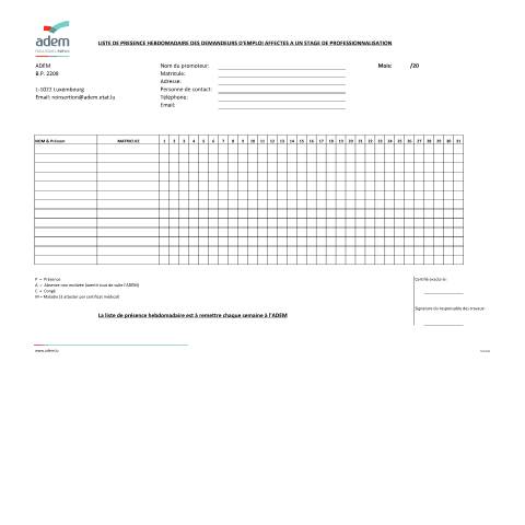 Aperçu du document Stage de professionnalisation - relevé de présence — Contrat recrutement, Luxembourg (CERFA n°releve-de-presence-stage-de-professionnalisation)