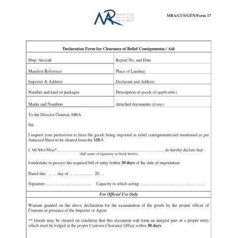 Document preview: Declaration form for clearance of Relief Consignments — Form, Mauritius (CERFA n°MRACUSGENFORM17)