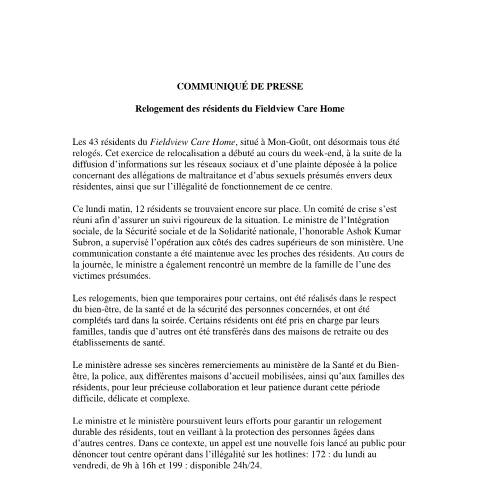 Document preview: COMMUNIQUÉ DE PRESSE RELOGEMENT — Notice / Circular, Mauritius (CERFA n°COMMUNIQUE-DE-PRESSE-RELOGEMENT)