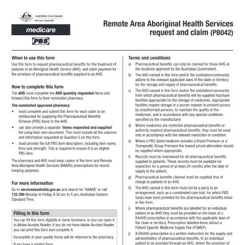 Document preview: Remote Area Aboriginal Health Services request and claim form (PB042) — Services Australia — Health professionals, Australia (CERFA n°PB042)