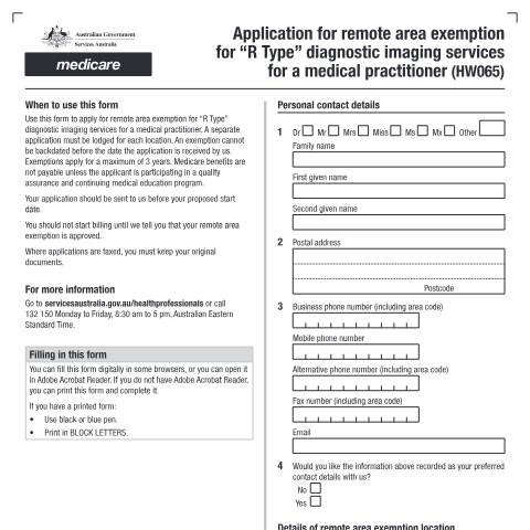 Document preview: Application for remote area exemption for R-type diagnostic imaging services for a medical practitioner form (HW065) — Services Australia — Health professionals, Australia (CERFA n°HW065)