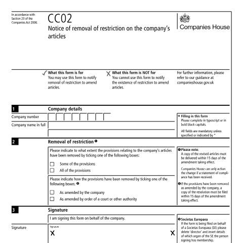 Document preview: Give notice of removal of restriction on company's articles (CC02) — Companies House, United Kingdom