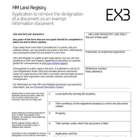Document preview: Remove exemption of document: registration (EX3) — HM Land Registry, United Kingdom