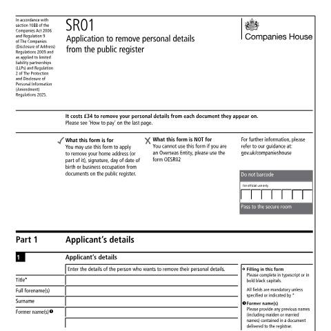 Document preview: Apply to remove your personal details from the Companies House register (SR01) — Companies House, United Kingdom