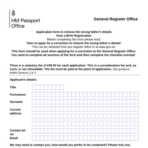 Document preview: Application form to remove the wrong father's details from a birth registration — HM Passport Office, United Kingdom