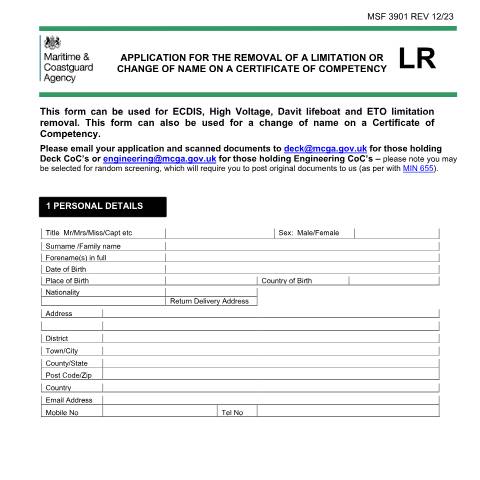 Document preview: How to apply for a removal of a limitation in your UK CoC — Maritime and Coastguard Agency, United Kingdom