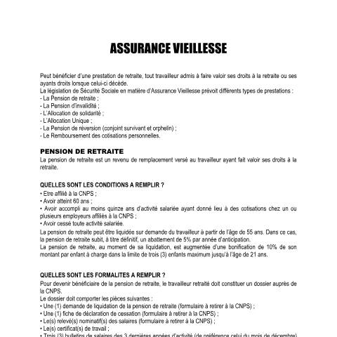 Aperçu du document ASSURANCE VIEILLESSE (AV) — Document CNPS (prévoyance sociale), Côte d'Ivoire